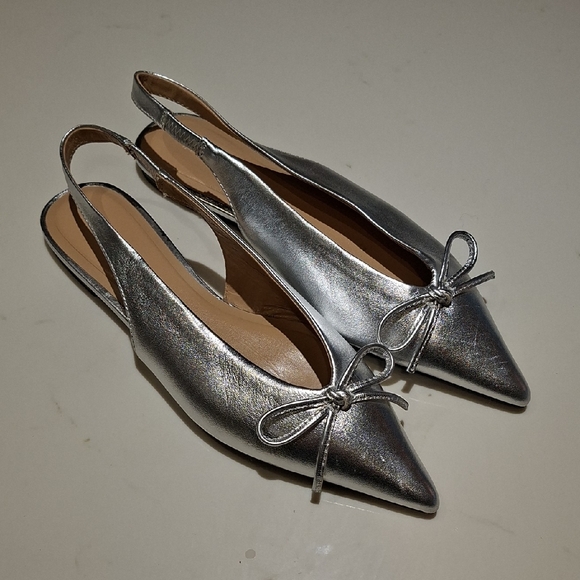 H&M Shoes - H&M Silver/Metallic Pointed-toe Slingback Flats/Mules with Bow (EU 36/US 5.5-6)